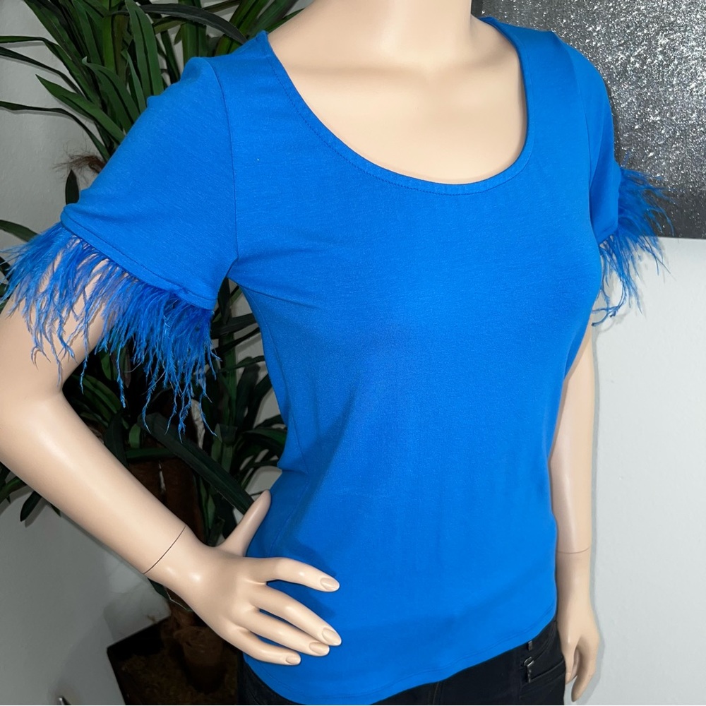 Q2 Blue Short Sleeve Scoop Neck Top with Feather Embellishment